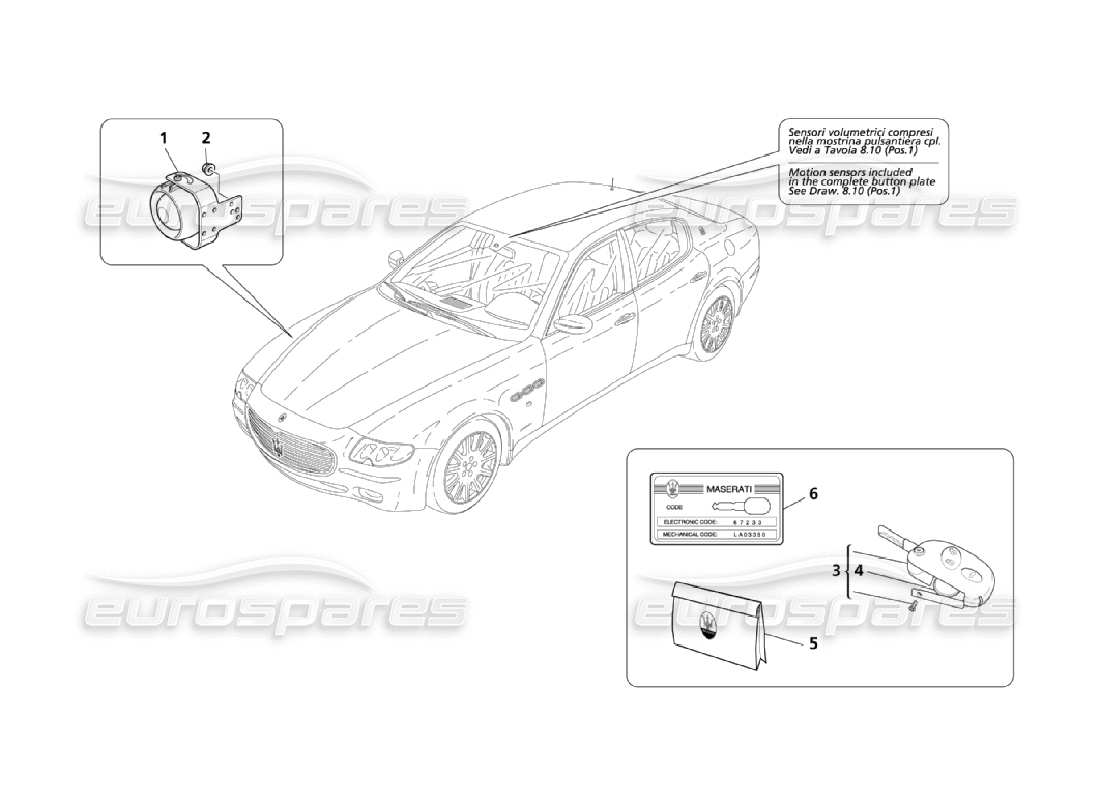 maserati qtp. (2006) 4.2 diagramma delle parti del sistema di allarme e dell'immobilizzatore (pagina 1-2).