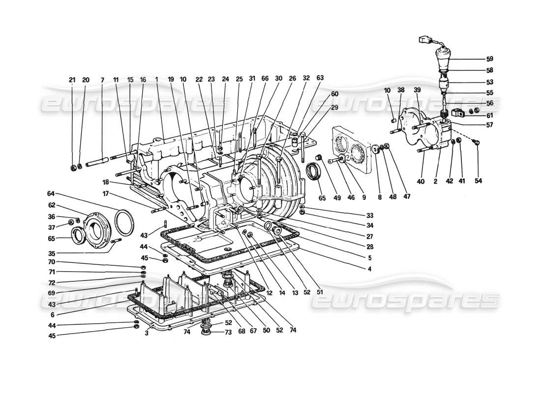 ferrari 308 gtb (1980) diagramma delle parti del cambio: alloggiamento del differenziale e coppa dell'olio (308 gts e aus).