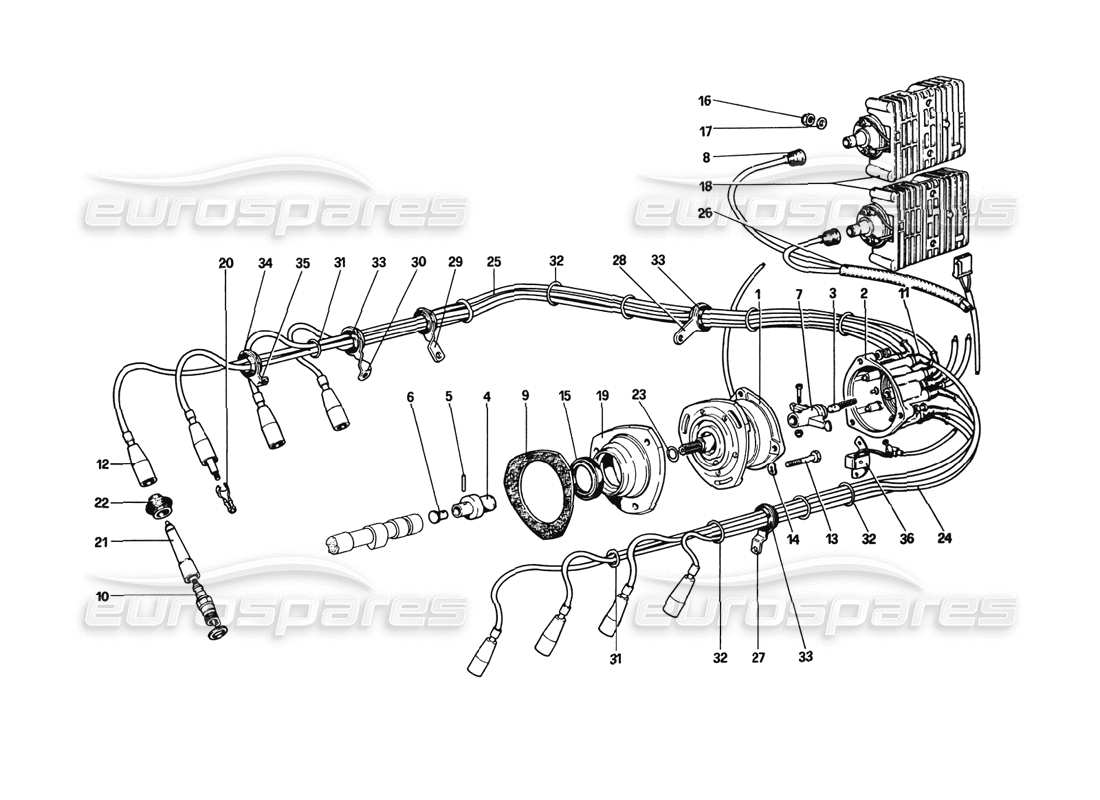 ferrari 308 gtb (1980) diagramma delle parti dell'accensione del motore (dall'auto n. 23561 gtb e 23265 gts).