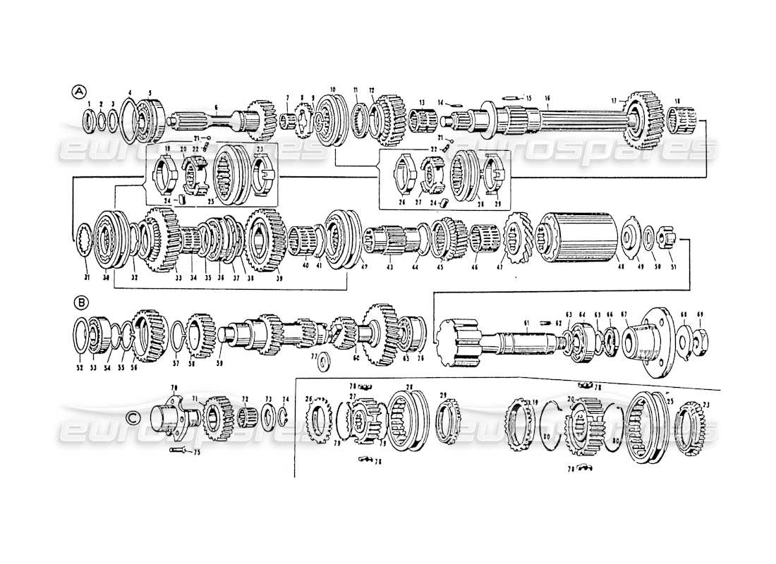 maserati 3500 gt 5 scatola del cambio di velocità diagramma delle parti