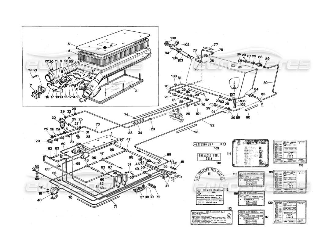 maserati qtp.v8 4.9 (s3) 1979 sistema di alimentazione del carburante (versione usa) diagramma delle parti