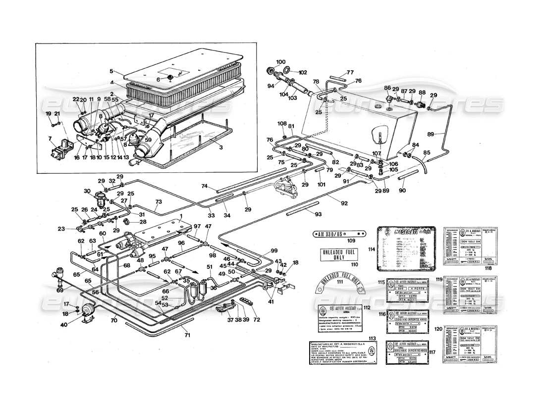 maserati qtp.v8 4.9 (s3) 1979 schema delle parti del sistema di alimentazione del carburante (versione usa).