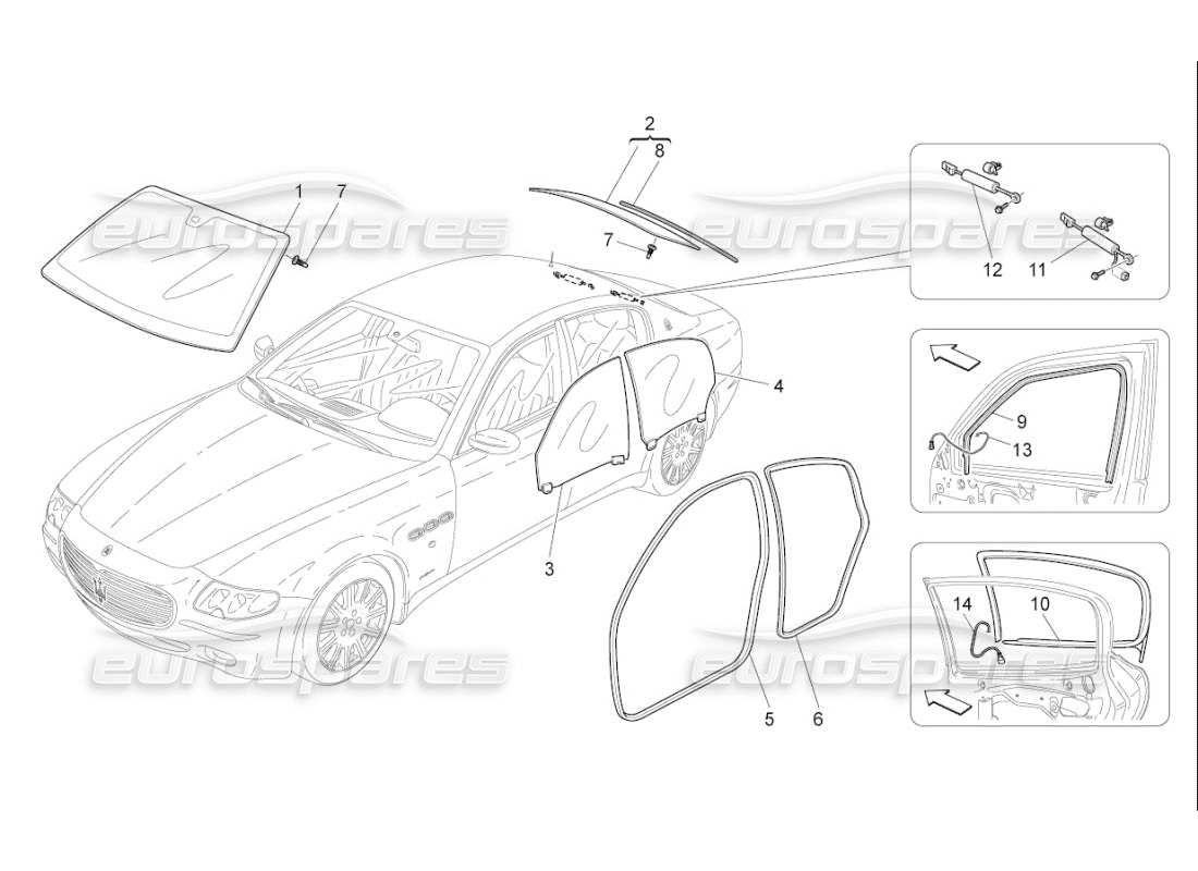 maserati qtp. (2009) 4.7 auto diagramma delle parti di finestre e strisce di finestre