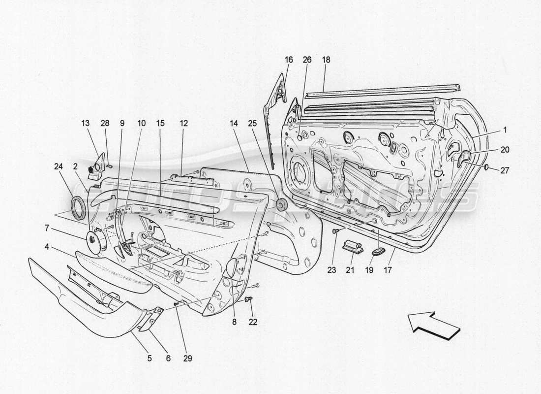 maserati granturismo special edition porte anteriori: diagramma delle parti di rivestimento e pannelli