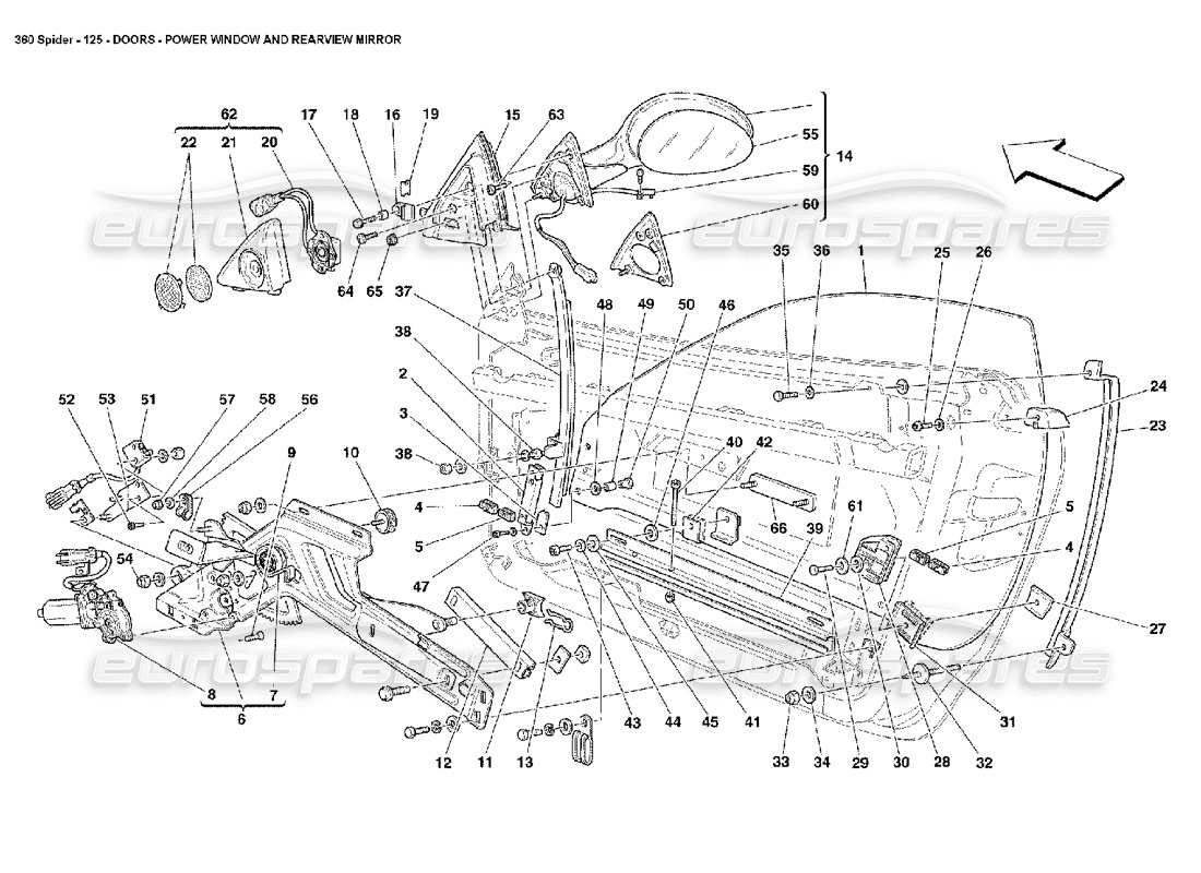 ferrari 360 spider porte: schema delle parti dell'alzacristallo elettrico e dello specchietto retrovisore