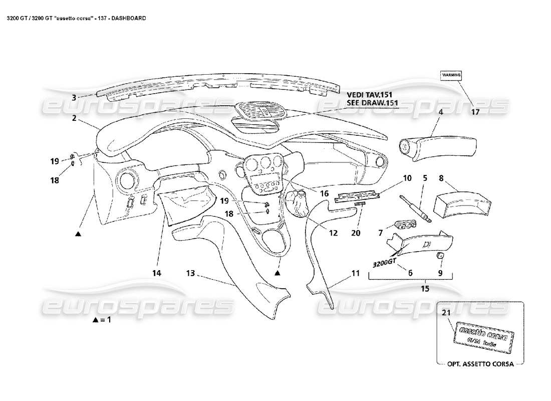 maserati 3200 gt/gta/assetto corsa pannello di controllo diagramma delle parti