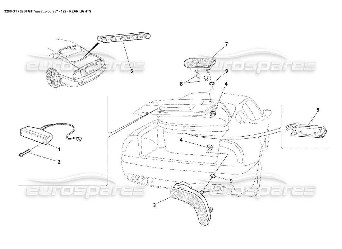 maserati 3200 gt/gta/assetto corsa luci posteriori diagramma delle parti