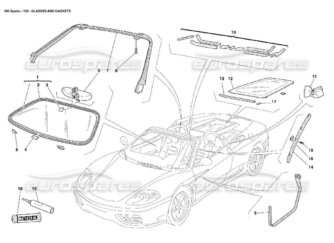 ferrari 360 spider diagramma delle parti di vetri e guarnizioni