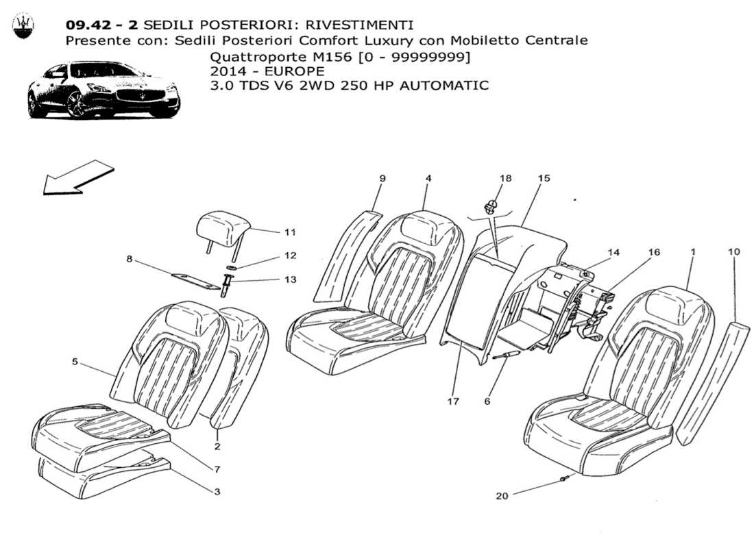 maserati qtp. v6 3.0 tds 250bhp 2014 sedili posteriori: schema delle parti dei pannelli di rivestimento