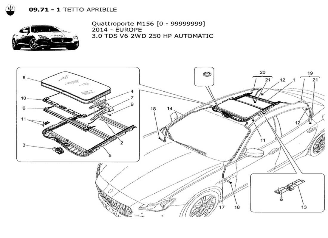maserati qtp. v6 3.0 tds 250bhp 2014 diagramma delle parti del tetto apribile