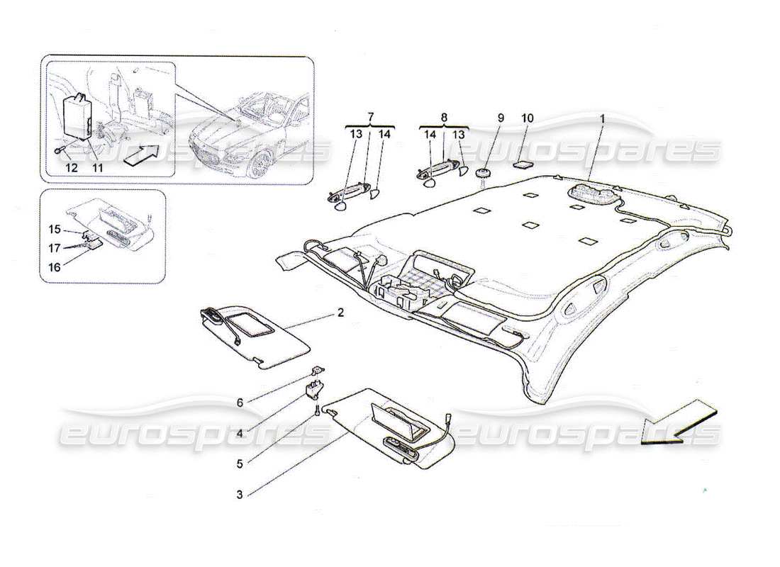maserati qtp. (2010) 4.2 diagramma delle parti del tetto e delle alette parasole