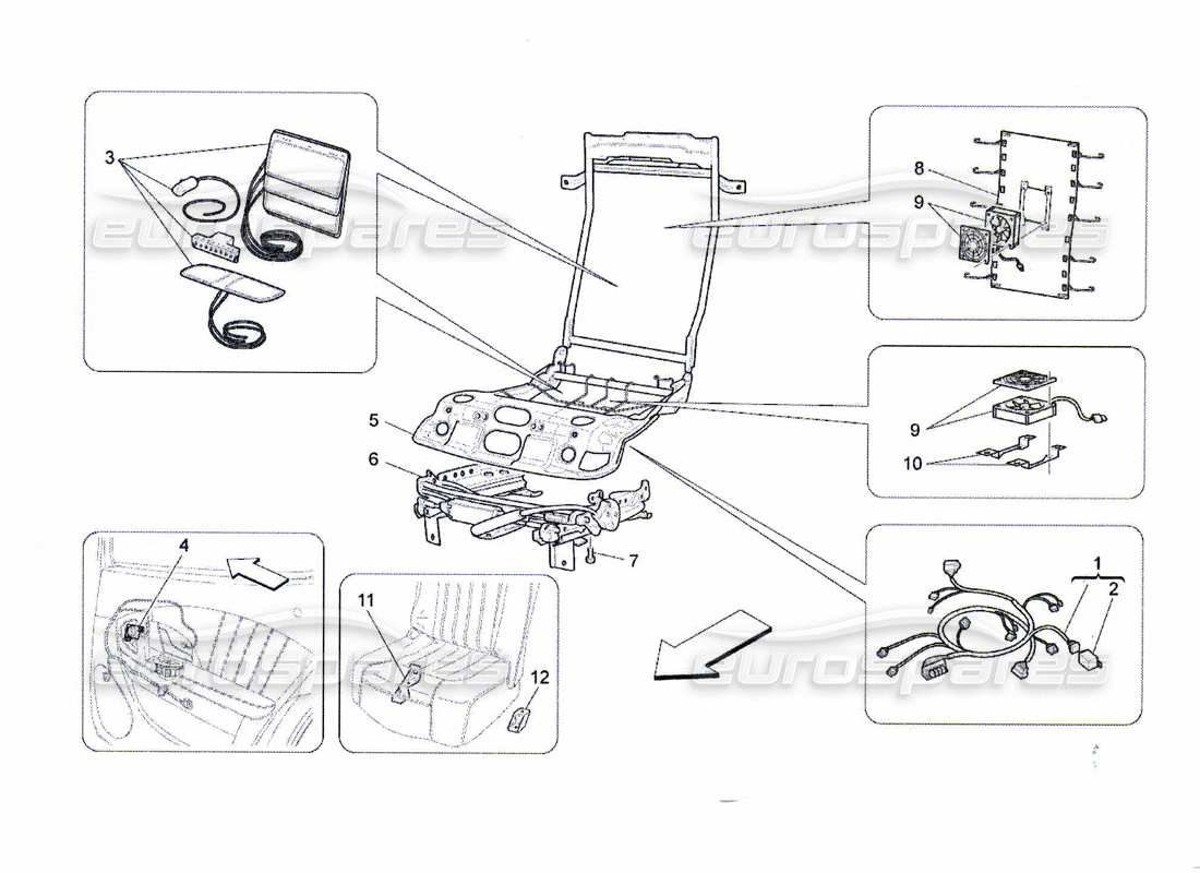 maserati qtp. (2010) 4.7 sedili posteriori: meccanica ed elettronica diagramma delle parti