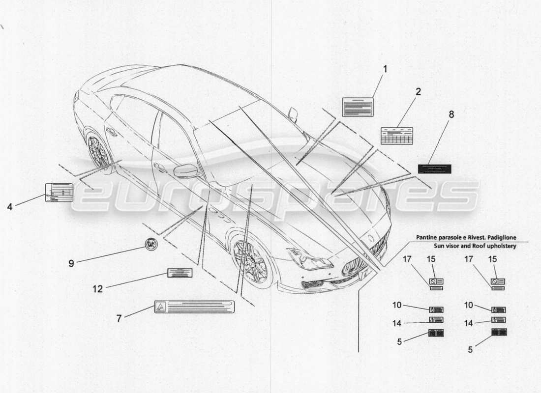 maserati qtp. v8 3.8 530bhp 2014 auto diagramma delle parti di adesivi ed etichette