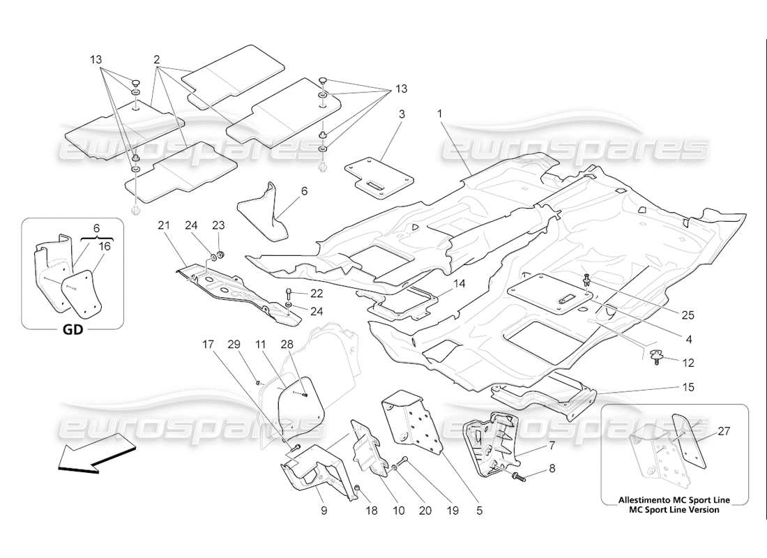 maserati qtp. (2006) 4.2 f1 tappetini abitacolo diagramma delle parti