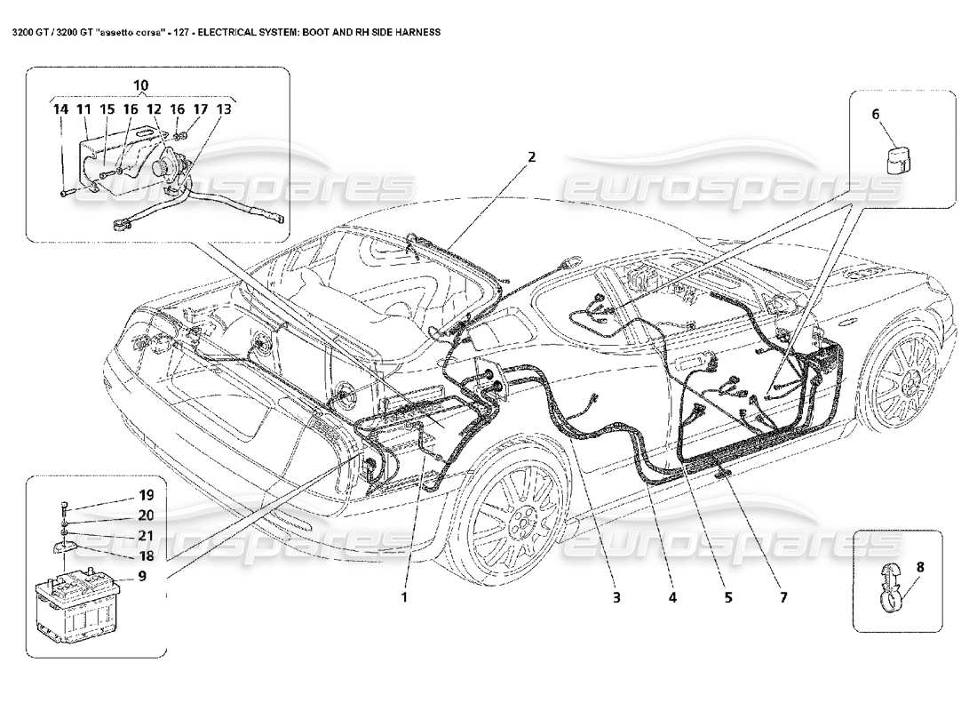 maserati 3200 gt/gta/assetto corsa elettrico: diagramma delle parti del cablaggio del bagagliaio e del lato destro