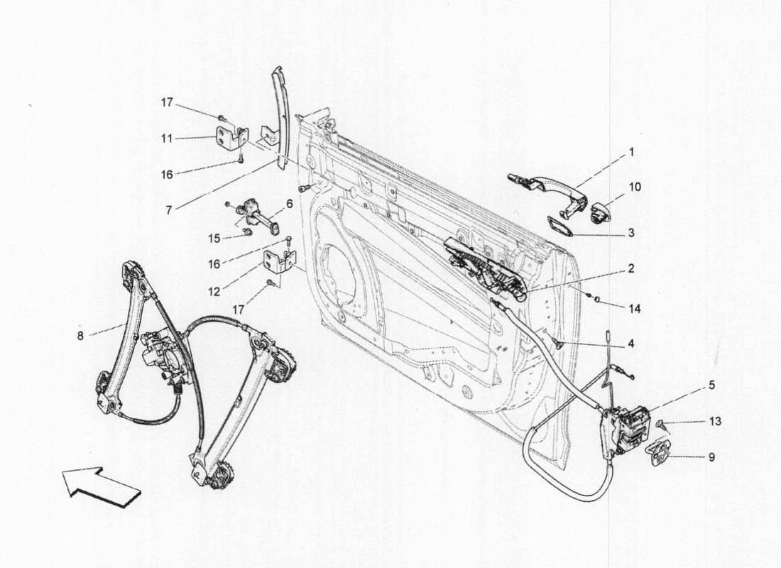 maserati qtp. v6 3.0 tds 275bhp 2017 porte anteriori: diagramma delle parti dei meccanismi