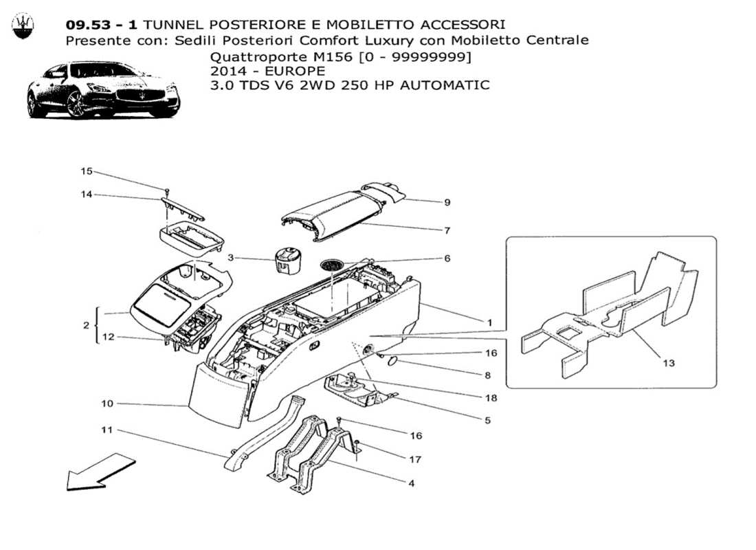 maserati qtp. v6 3.0 tds 250bhp 2014 console accessori e console posteriore schema delle parti