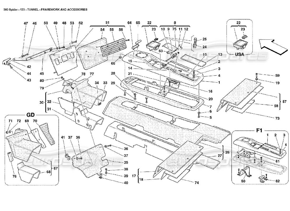 ferrari 360 spider tunnel - struttura e accessori diagramma delle parti