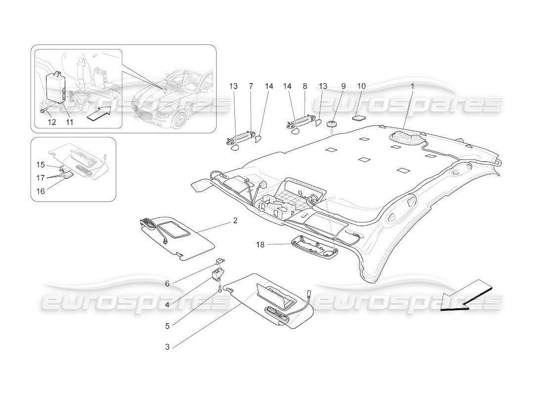 maserati qtp. (2011) 4.2 auto diagramma delle parti del tetto e delle alette parasole