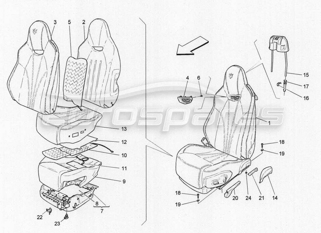 maserati granturismo special edition sedili anteriori: schema delle parti dei pannelli di rivestimento
