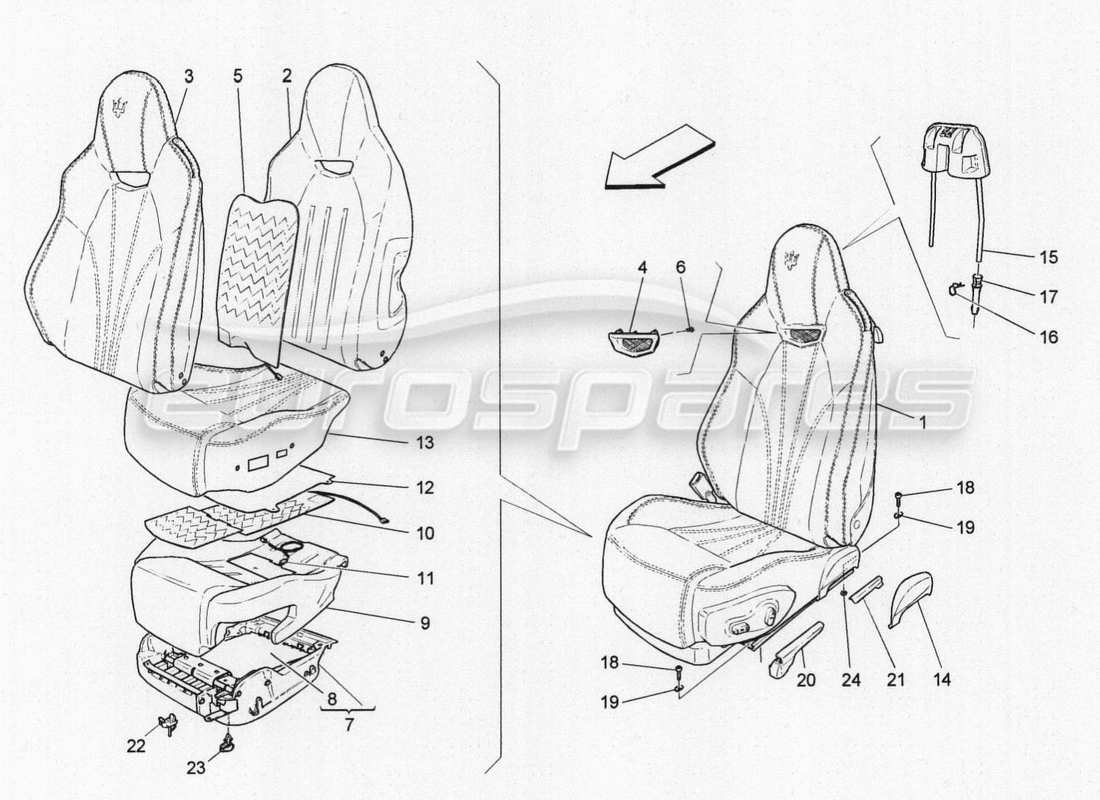 maserati granturismo special edition sedili anteriori: schema delle parti dei pannelli di rivestimento