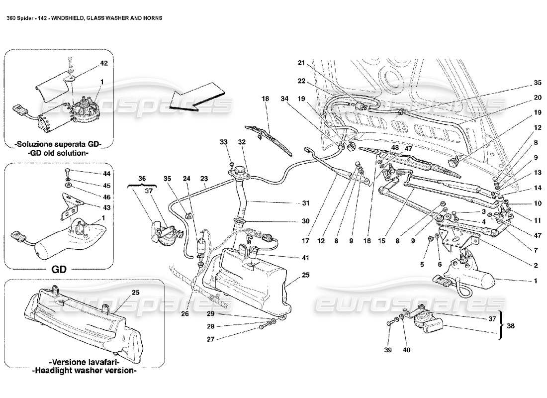 ferrari 360 spider schema delle parti di parabrezza, rondella e avvisatori acustici