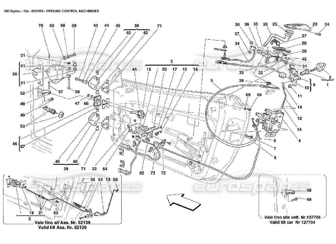 ferrari 360 spider porte: diagramma delle parti del controllo di apertura e delle cerniere