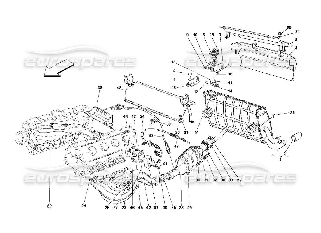 ferrari 348 (2.7 motronic) impianto di scarico diagramma delle parti