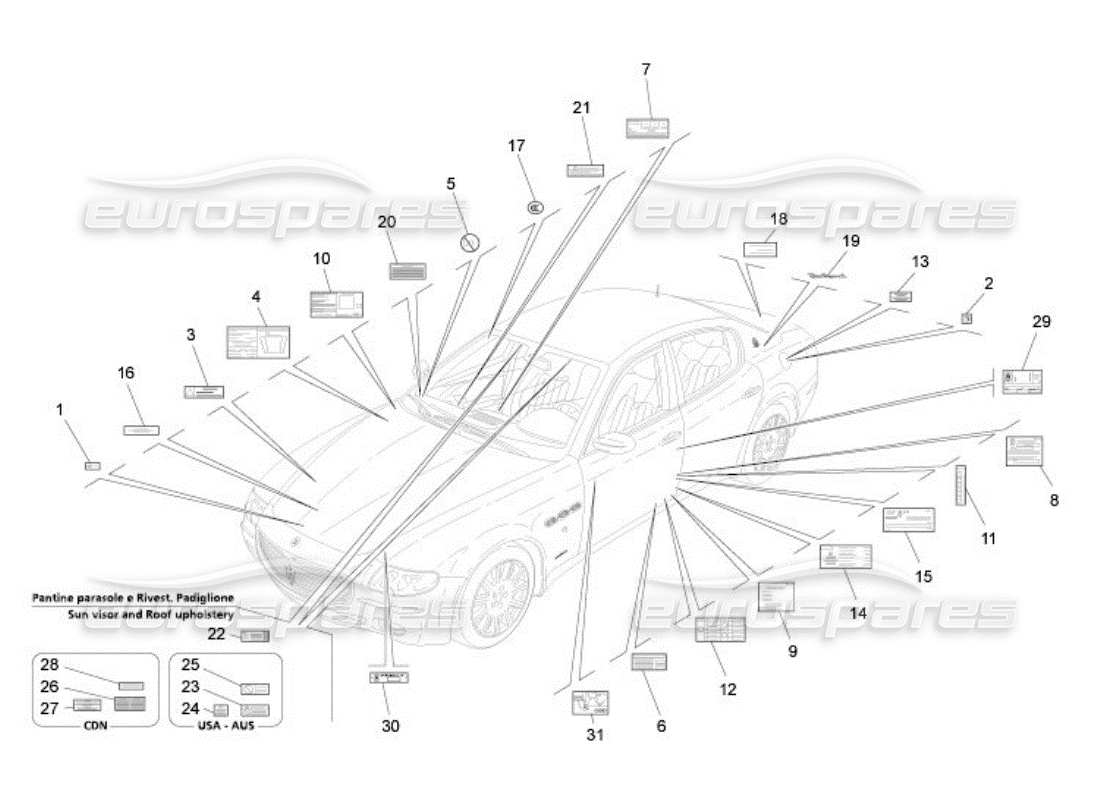 maserati qtp. (2005) 4.2 diagramma delle parti di adesivi ed etichette