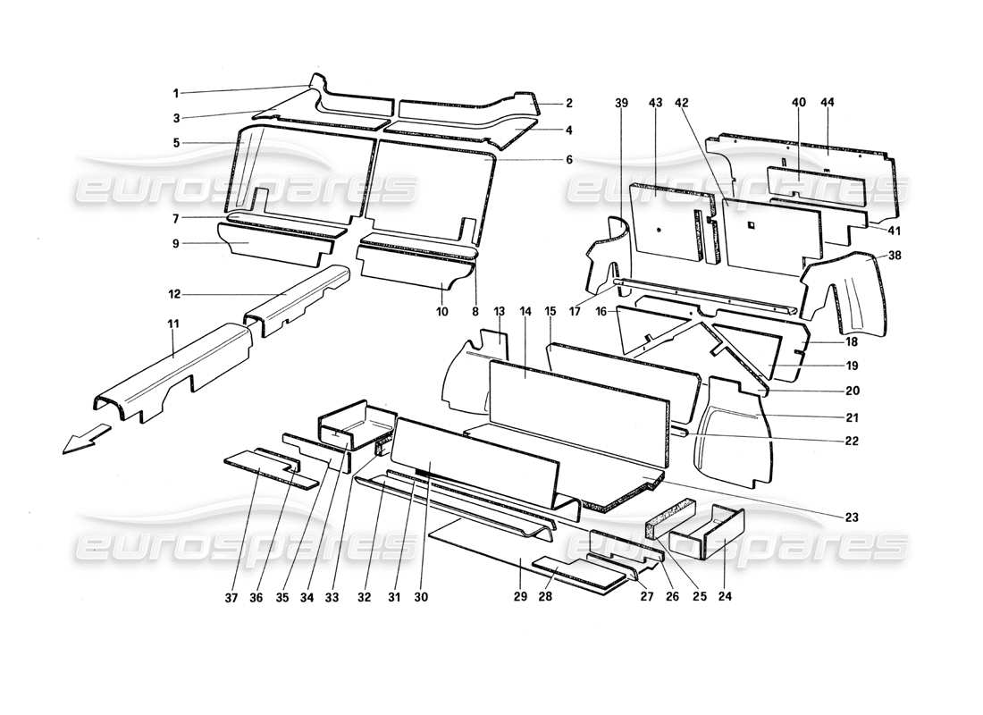 ferrari 328 (1985) diagramma delle parti dell'isolamento dell'abitacolo e dei bagagli (non per la versione usa e sa).