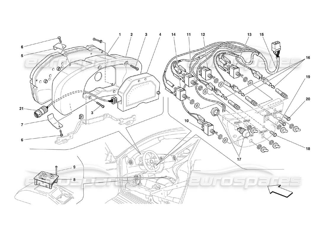 ferrari 360 challenge (2000) diagramma delle parti degli strumenti del cruscotto