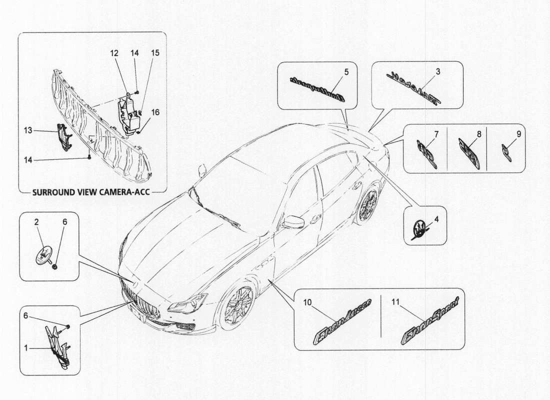 maserati qtp. v6 3.0 bt 410bhp 2wd 2017 diagramma delle parti di finiture, marchi e simboli