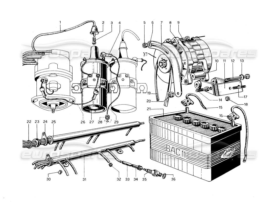 ferrari 275 gtb/gts 2 cam generatore: diagramma delle parti di batterie e bobine