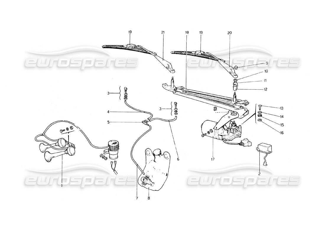 ferrari 308 gt4 dino (1979) schema delle parti del tergicristallo, rondella e del clacson