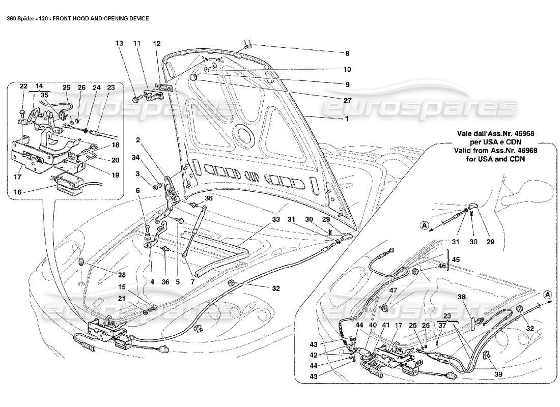 ferrari 360 spider schema delle parti del cofano anteriore e del dispositivo di apertura