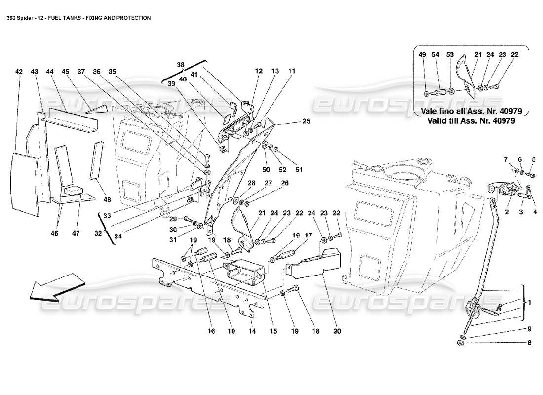 ferrari 360 spider serbatoi di carburante - schema delle parti di fissaggio e protezione