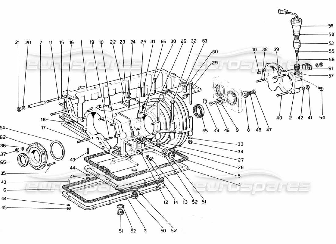 ferrari 308 gtb (1976) cambio: schema delle parti dell'alloggiamento del differenziale e della coppa dell'olio