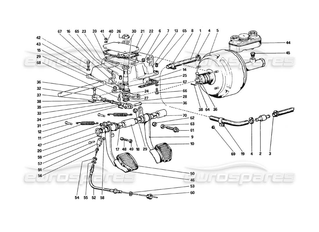 ferrari 308 gtb (1980) pedaliera - schema delle parti dei comandi freno e frizione