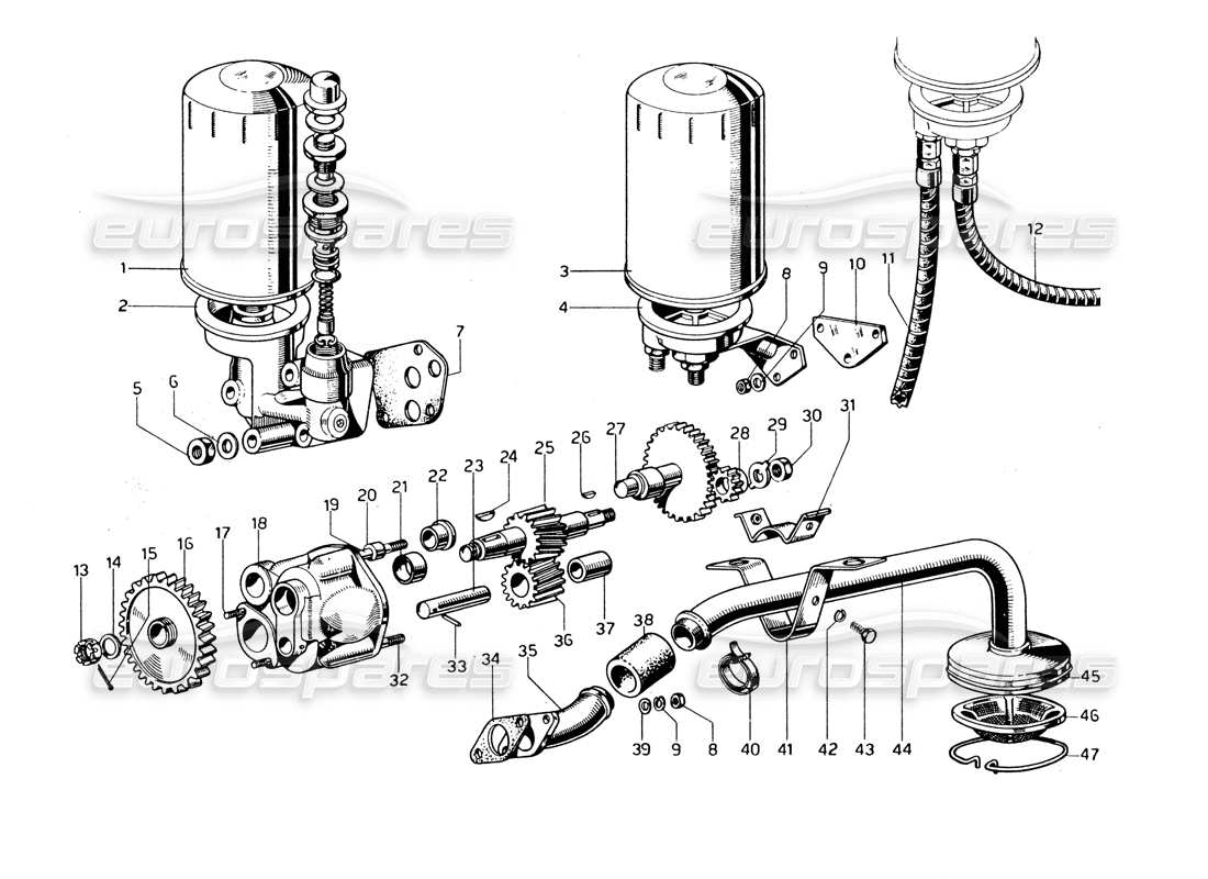 ferrari 275 gtb/gts 2 cam diagramma delle parti della pompa dell'olio e dei filtri