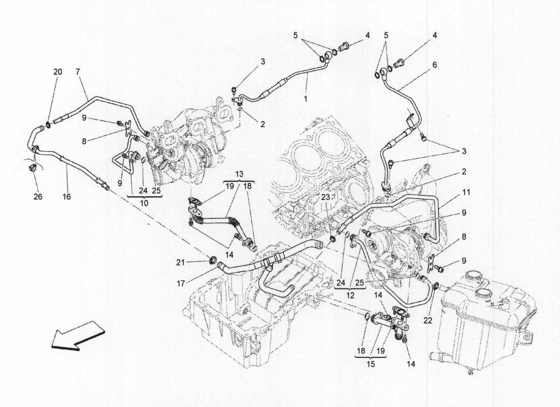maserati qtp. v6 3.0 bt 410bhp 2wd 2017 sistema turbocompressore: lubrificazione e raffreddamento schema delle parti