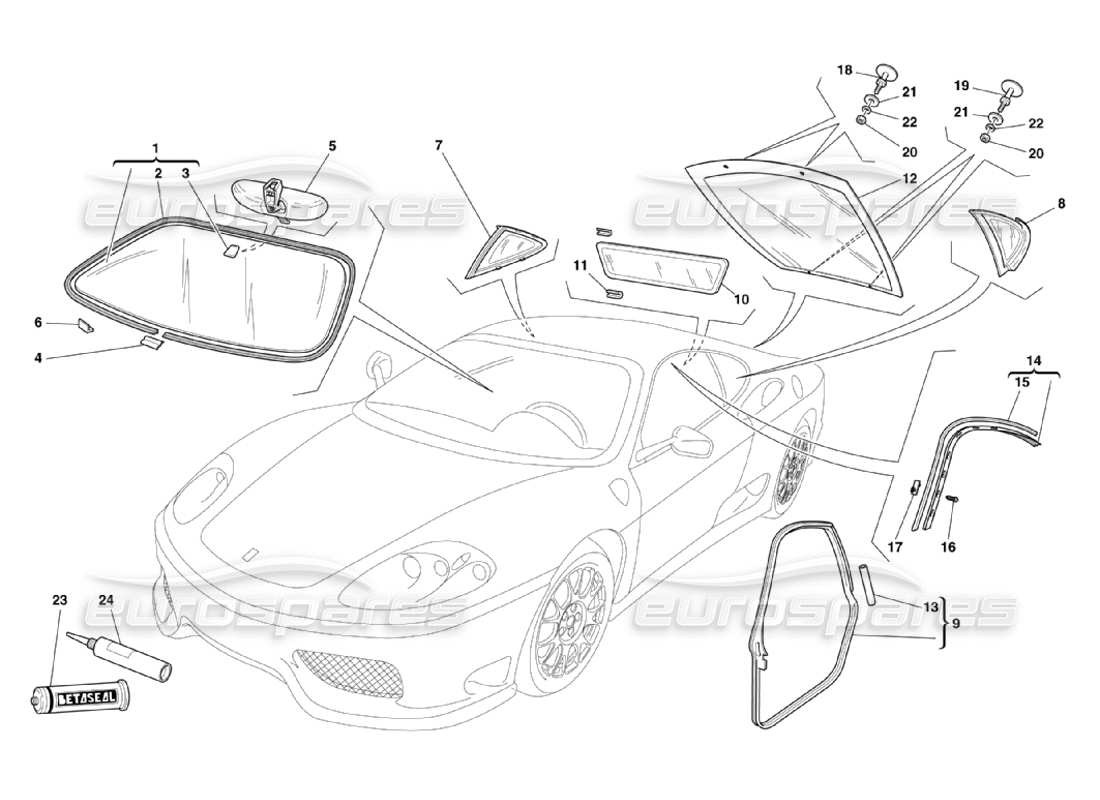 ferrari 360 challenge stradale diagramma delle parti di vetri e guarnizioni