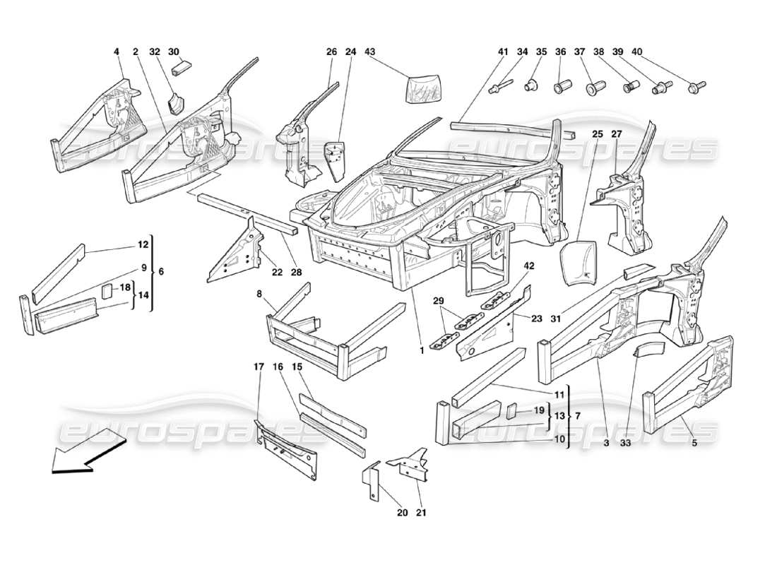 ferrari 360 challenge stradale telaio - schema delle parti delle strutture e delle piastre degli elementi anteriori