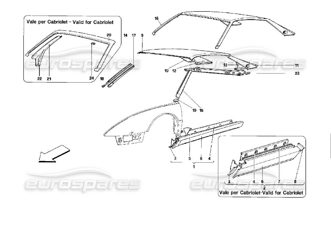 ferrari mondial 3.4 t coupe/cabrio scocca: elementi esterni - parte centrale schema delle parti