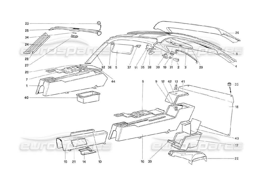 ferrari 208 turbo (1989) diagramma delle parti del tunnel e del tetto