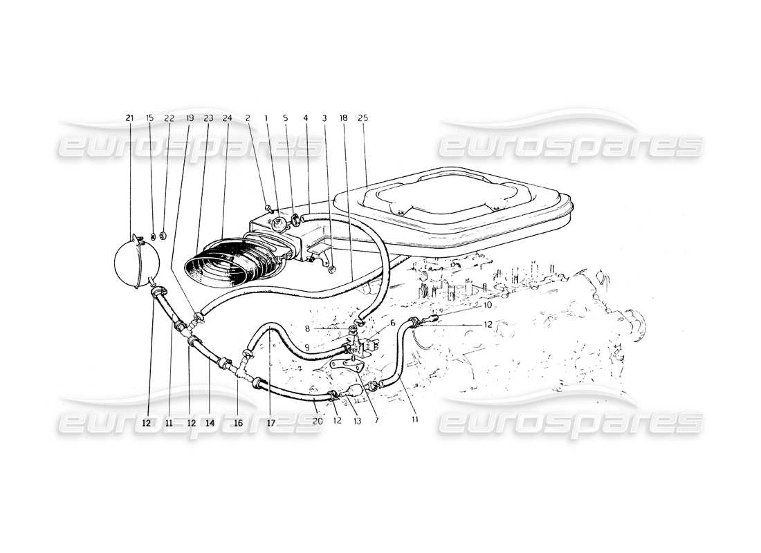 ferrari 308 gt4 dino (1979) diagramma delle parti della valvola e delle linee del filtro dell'aria di aspirazione (varianti per gli usa - versione aus e j).