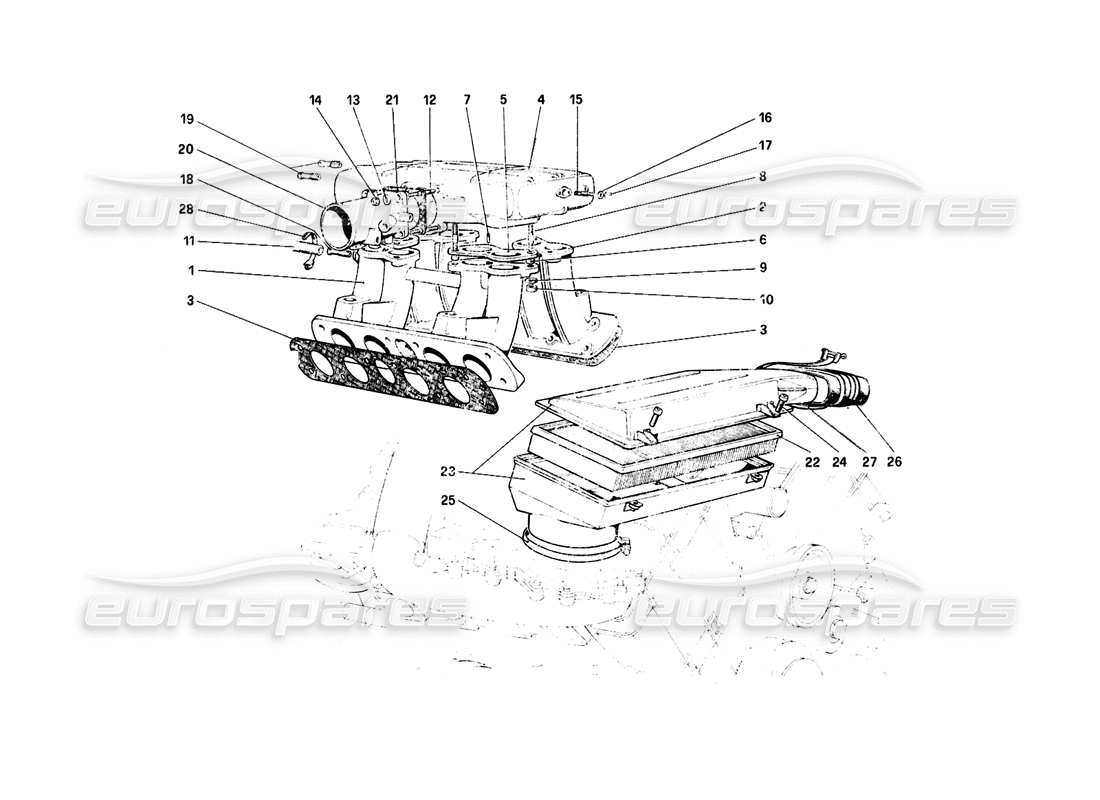 ferrari mondial 8 (1981) aspirazione aria e collettori diagramma delle parti