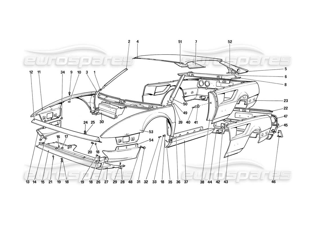 ferrari mondial 8 (1981) scocca - elementi esterni diagramma delle parti