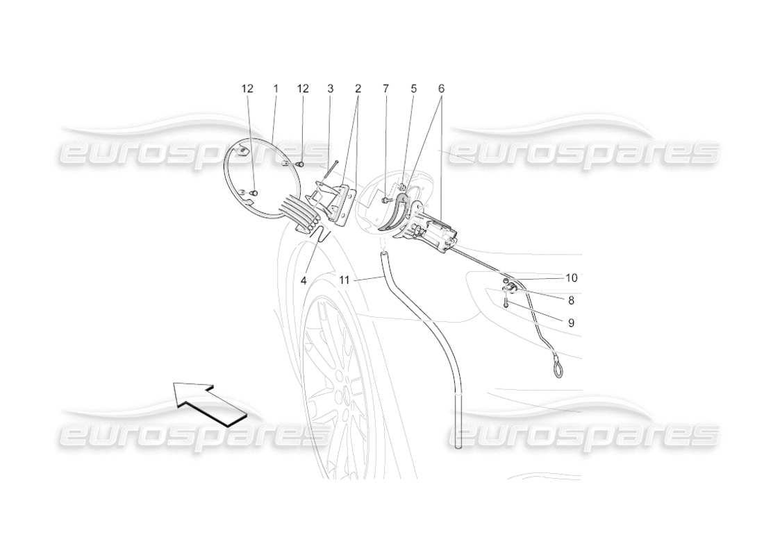 maserati grancabrio (2010) 4.7 schema delle parti dello sportello del serbatoio del carburante e dei controlli