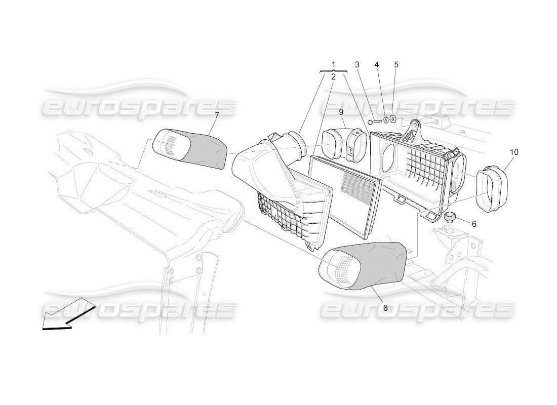 maserati qtp. (2011) 4.7 auto diagramma delle parti del filtro dell'aria, della presa d'aria e dei condotti