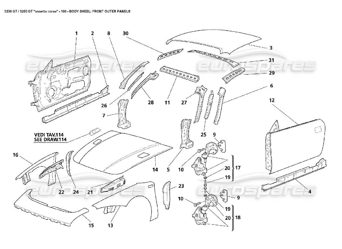 maserati 3200 gt/gta/assetto corsa corpo: diagramma delle parti dei pannelli esterni anteriori